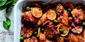  Roasted chicken thighs with lemon,smoked paprika and green olives.