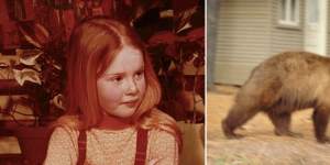 From left:five-year-old Anna Funder,the age she was when she encountered this bear while alone near her family’s campsite in eastern California.