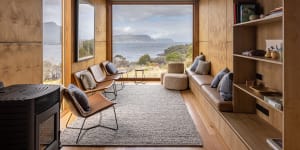 Inside the main lodge at Crescent Bay Camp,with a view to Tasman Island.