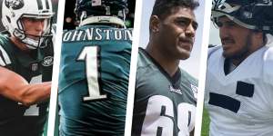 Culture shock:Australians Cameron Johnston,Lachlan Edwards,Jordan Mailata and Holmes have had varying levels of success in the NFL. 