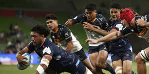 Rob Leota of the Rebels scores a try that was later disallowe during the round one Super Rugby Pacific match against the Brumbies.