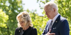 US President Joe Biden and first lady Jill Biden pay their respects to the victims of Saturday’s shooting at a memorial across the street from the TOPS Market in Buffalo,NY.
