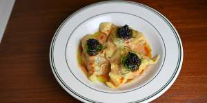King prawn dumplings with tapioca “caviar”.