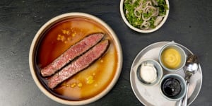 Go-to-dish:Barbecue wagyu flank steak with condiments.