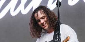 Red Wiggle Murray Cook joins DZ Deathrays on stage at Splendour in the Grass