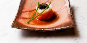 Huon salmon and Hokkaido scallop stack with oscietra caviar.