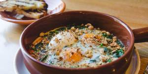 Turkish eggs with hazelnut dukkah and labna.