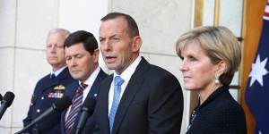 Chief of the Defence Force Mark Binskin,Defence Minister Kevin Andrews,Prime Minister Tony Abbott and Foreign Minister Julie Bishop during a joint press conference at Parliament House.