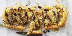 Andrew McConnell's anchovy,onion and olive tart.