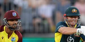 David Warner bats during game three of the Men’s T20 International series between Australia and West Indies at Optus Stadium.