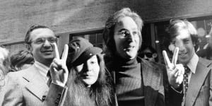 John Lennon and Yoko Ono with attorney Leon Wildes as they leave the Immigration and Naturalisation Service,New York,1972.