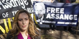 Stella Assange,wife of Julian,at a rally in front of the National Press Club of Australia in Canberra in May.