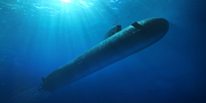 A digital mock-up of a Virginia-class nuclear-powered submarine underwater. 