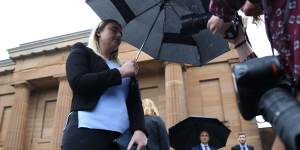 Jessica McNamara,here seen outside the court,apparently blew kisses to her father during the sentencing. 