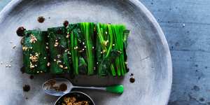 Spinach with lemon,soy and sesame dressing.