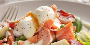 Hot smoked salmon,peas and a poached egg.