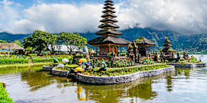 Pura Ulun Danu Bratan temple,with its multi-tiered shrine,and Lake Bratan,is famed Balinese landmark.