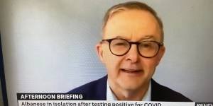 Anthony Albanese during a TV interview while isolating at home with COVID on April 22. 