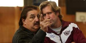 Prodigal son:Des Hasler,right,with Manly official Peter Peters before his exit from the club.