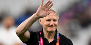 Joe Schmidt,assistant head coach of the All Blacks,acknowledges the crowd at the 2023 World Cup.