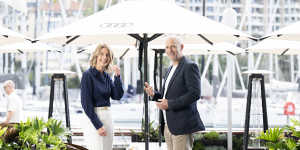 Cruising Yacht Club of Australia chief executive Justine Kirkjian (left) and Boathouse Group chief executive Antony Jones at the club last year.