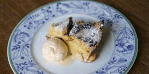 Bread and butter pudding with vanilla ice-cream.