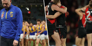 Heartbreak and relief:West Coast coach Adam Simpson and the celebrating Bombers.