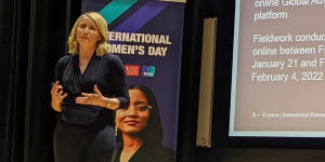 Kelly Beaver from Ipsos (left) speaking at the Global Institute for Women’s Leadership at King’s College London.
