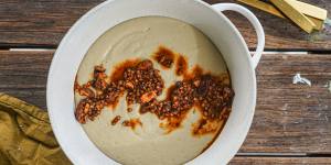 Celeriac and potato soup with crunchy buckwheat,almond and paprika topping.