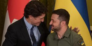Canadian Prime Minister Justin Trudeau and Ukrainian President Volodymyr Zelensky in Kyiv on Saturday.