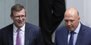 Alan Tudge and Opposition Leader Peter Dutton arrive for question time today.