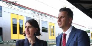Premier Gladys Berejiklian and Transport Minister Andrew Constance at Central Station on Wednesday.