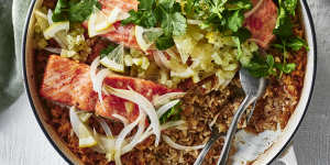 Baked ocean trout with spiced rice and a coriander and citrus salsa.