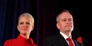 Bill Shorten,on stage with wife Chloe,conceding defeat.