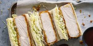 Katsu finger sandwiches filled with panko-crumbed pork and cabbage.