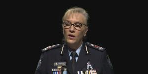 Queensland Police Commissioner Katarina Carroll speaking at the state memorial service for McCrow and Arnold.