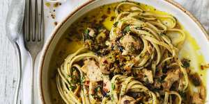 Linguine with spicy tuna,olives and capers.