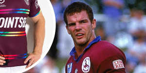 Ian Roberts during his playing days at Manly in the 1990s and,inset,the club’s pride jersey.