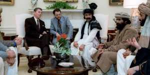 US president Ronald Reagan meets an Afghan delegation at the White House in 1983. While Reagan would later receive mujahideen leaders at the White House,only one of the Afghans seen here is a combatant - Mohammad Ghafoor Yousafzai,third from right. 