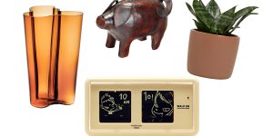 “Aalto Finlandia” vase;“Pig”;“Walk On” flip clock;planter. 