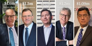 Vice-chancellors in Australia are highly-paid,among them are:University of Sydney's (Michael Spence) at left;University of Melbourne's (Duncan Maskell) and University of NSW's (Ian Jacobs).