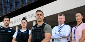Operation Alliance targets knife crime. From left:Detective Acting Sergeant Brendan Bennett,First Constable Mel Newman,Acting Detective Sergeant Robert Luri,Detective Acting Sergeant Magnus Vaisnys and Acting Detective Sergeant Leah Marriner outside the Werribee Police complex.