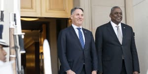 Defence Minister Richard Marles,left,and US Secretary of Defence Lloyd Austin meet outside the Pentagon. 