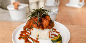 Musubi topped with panko-crumbed,deep-fried chicken.