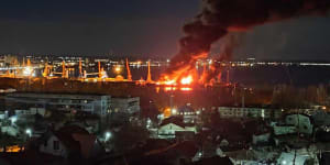 The Russian warship Novocherkassk burns at port in Feodosia,occupied Crimea,on December 27.