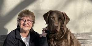 Gillian Leahy with Bear. “I do think that by imagining if the dog were human or if you were a dog,we learn things.”