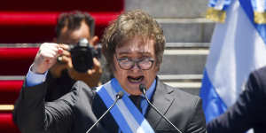 Argentina’s new President Javier Milei speaking outside Congress in Buenos Aires.