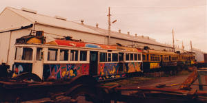 Michael Leunig's art tram pictured exposed to the elements in 1993. It is now in storage in VicTrack's Newport rail yards.