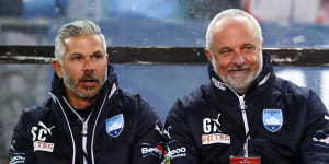 Steve Corica and Graham Arnold together during the latter’s days as Sydney FC coach.