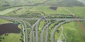 An illustration of the interchange between the M12 and Elizabeth Drive near the M7 and the planned motorway that will connect the M7 to the new Western Sydney Airport (orange line).